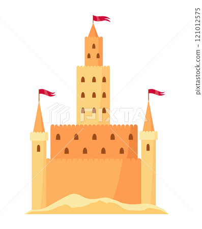 Sand castle. Kids fortress constructions. Sandy stronghold with wall and tower. Summer beach games to build sandy palaces or citadel. Vector cartoon illustration of beach sculptures 121012575