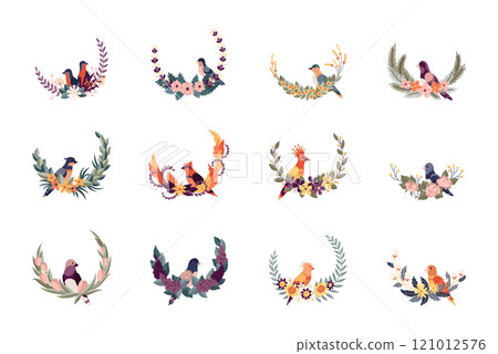 Round flower birds frames, vintage wreath with blossom. Folk art, ornamental frame with floral composition. Bright illustration, can be used as creating or invitation card 121012576