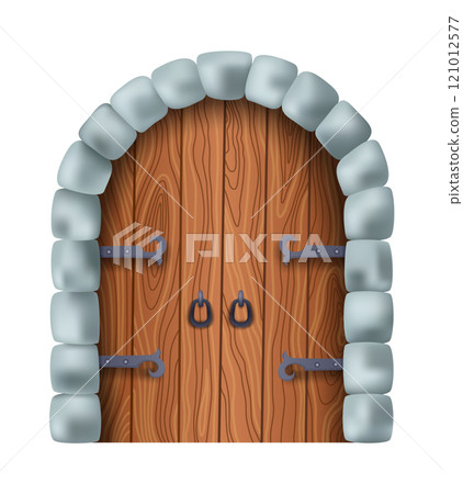Medieval gate, closed. Castle medieval door. Cartoon ancient fortress wooden gate or tower arch door. Stone arch with metal hinges for entry. Vintage city entrance, vector illustration 121012577
