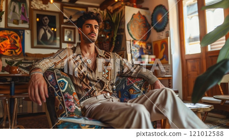 A man in a bohemian outfit sits in a cozy, art-filled cafe, embodying a free spirit and absorbing the ambiance. 121012588