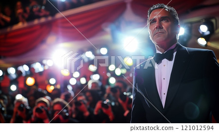 A man in a classic tuxedo stands poised on the red carpet, embodying star-studded sophistication. 121012594