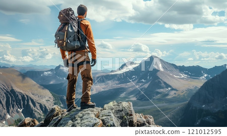 A man in rugged gear stands on a mountain top, embracing adventure and the awe-inspiring beauty of nature. A man in rugged gear stands on a mountain top, embracing adventure and the awe-inspiring beauty of nature. 121012595