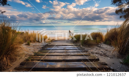 A secluded beach path of weathered sleepers leads to a tranquil shore, inviting relaxation and reflection. 121012637