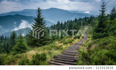 A scenic mountain trail, lined with railway sleepers, winds through a dense, enchanting pine forest. 121012638