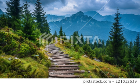 A picturesque mountain trail lined with railway sleepers winds through a dense pine forest, offering breathtaking views. 121012639