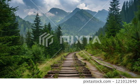 A scenic mountain trail with railway sleepers winds through a dense pine forest, creating an enchanting path. 121012640
