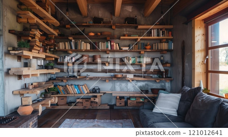 Repurposed railway sleepers as wall-mounted shelves add rustic charm and functionality to a cozy cabin. 121012641