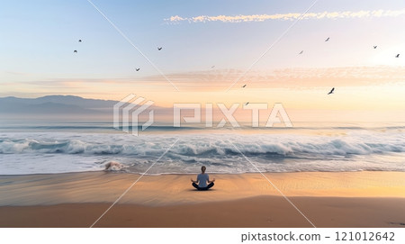 A person practices mindfulness on a serene dawn beach, waves caressing the shore, birds soaring above. 121012642