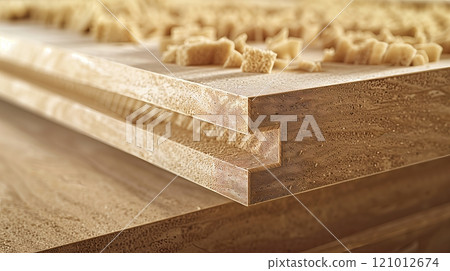 MDF board has a dense core and precise edges, ideal for woodworking and furniture projects. 121012674