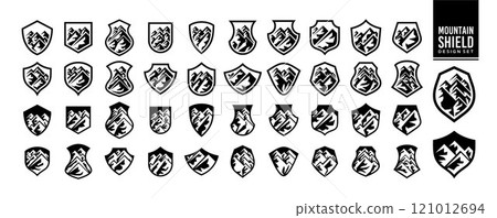 Abstract mountain shield logo design set Abstract mountain shield logo design set 121012694