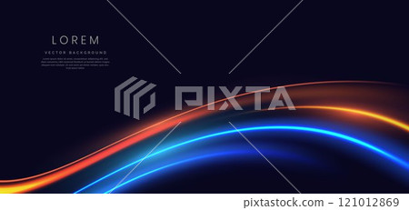 Abstract futuristic glowing neon multi color lines. Hi speed motion moving concept on dark blue background. 121012869