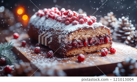 Close-up of Christmas cake decorated with chocolate icing, icing sugar and red berries on wooden cutting board surrounded by pine cones. Close-up of Christmas cake decorated with chocolate icing, icing sugar and red berries on wooden cutting board surrounded by pine cones. 121013004