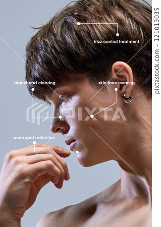 Contemporary art collage. young, well-groomed man with design elements and text indicating specific zones of skincare Contemporary art collage. young, well-groomed man with design elements and text indicating specific zones of skincare 121013035