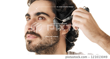 Contemporary art collage. Close-up portrait with text overlays highlighting skincare therapies as pore minimization, hydration and beard soothing. 121013049