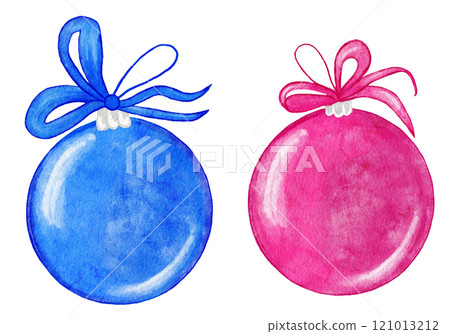 Hand drawn watercolor illustration christmas blue pink bauble ornament with cute ribbon bow. December happy holidays elegant tree hanging ornament, decor decoration style. 121013212