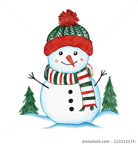 Hand drawn illustration with snowmen in cute scaff hat in winter snow on white background. Cute funny christmas new year decor print for textile wrapping paper, cartoon snow toys in funny design. Hand drawn illustration with snowmen in cute scaff hat in winter snow on white background. Cute funny christmas new year decor print for textile wrapping paper, cartoon snow toys in funny design. 121013214