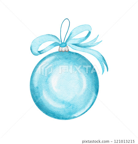 Hand drawn watercolor illustration christmas blue turquoise bauble ornament with cute ribbon bow. December happy holidays elegant tree hanging ornament, decor decoration style, shiny design. 121013215