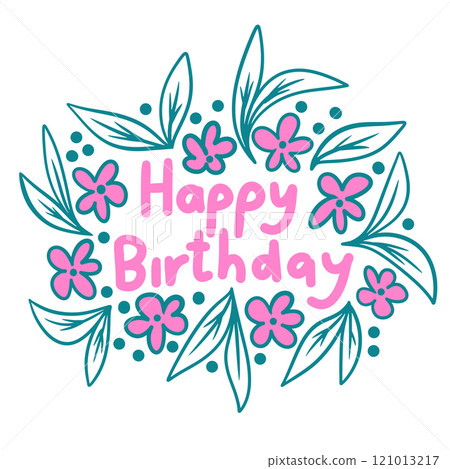 Hand drawn happy birthday congratulation words phrase lettering font in blue turquoise and pink m colors. Colorful bright flowers leaves typography for greeting cards posters. Background design 121013217