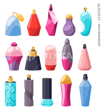 Cartoon perfume bottles, scented water and perfumes retro packaging. Fashion vintage bottle, decorative girly cosmetics flat decent vector set 121013276