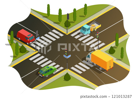 Isometric Illustration Depicting a Detailed and Busy Urban Intersection Surrounded by Vehicles 121013287