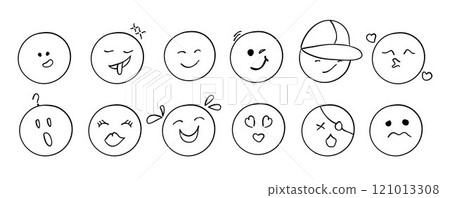 Set of Doodle Emoji Face Icons depicting various emotions including admiration, sadness, anger, and love. 121013308