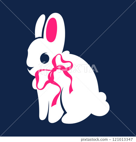 Easter cute white rabbit with pink bow. Illustration in ballet coquette core style on dark blue background. Print for children's women's clothing. Easter cute white rabbit with pink bow. Illustration in ballet coquette core style on dark blue background. Print for children's women's clothing. 121013347