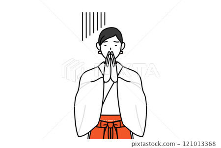 身著白袍、身穿猩紅色袴的巫女，雙手合十在身前道歉 121013368