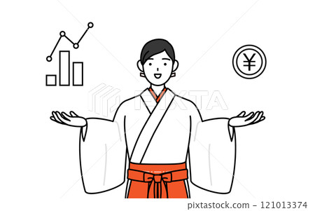 A shrine maiden in white robes and scarlet hakama, guiding customers to the image of DX and improved business performance and sales A shrine maiden in white robes and scarlet hakama, guiding customers to the image of DX and improved business performance and sales 121013374