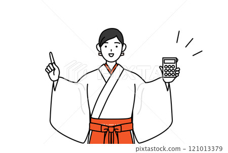 身著白衣、身穿猩紅色袴的巫女用計算機指著 121013379