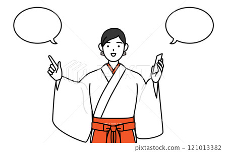 A shrine maiden in a white robe and scarlet hakama points while talking on the phone A shrine maiden in a white robe and scarlet hakama points while talking on the phone 121013382