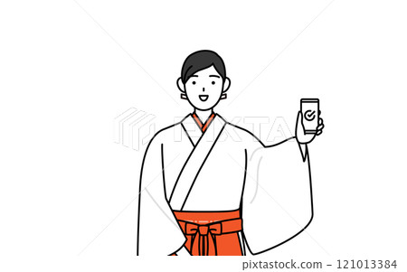 穿著白大褂、穿著猩紅色褲裙、在工作中使用智慧型手機的巫女 121013384