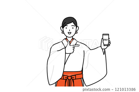 穿著白大褂和猩紅色袴的巫女建議使用智慧型手機進行無現金線上支付 穿著白大褂和猩紅色袴的巫女建議使用智慧型手機進行無現金線上支付 121013386