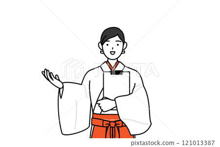 身穿白色長袍、身穿猩紅色袴，手持寫字板、攤開雙手的巫女。 121013387