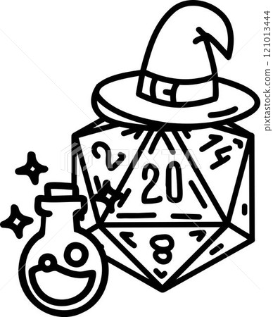 DND Dice Rpg board game character. Fantasy icosahedron wargame. 20-sided tabletop icon, cartoon style on white background 121013444