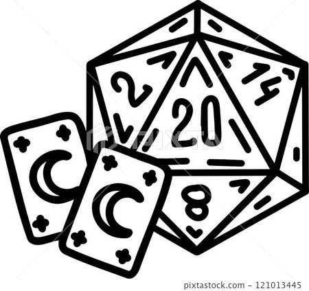 D20 dice for dnd board game. Fantasy tabletop icosahedron illustration in retro style D20 dice for dnd board game. Fantasy tabletop icosahedron illustration in retro style 121013445