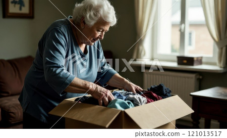 An elderly woman organizing clothes and packing them into a box, standing in a cozy apartment interior 121013517
