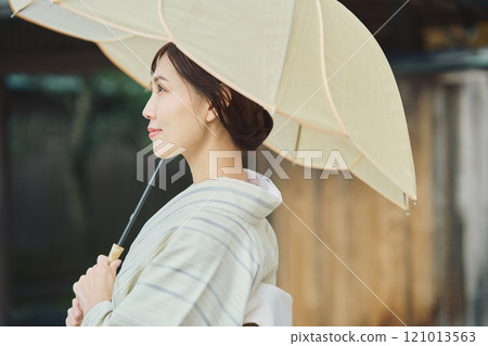 A woman in kimono with an umbrella A woman in kimono with an umbrella 121013563