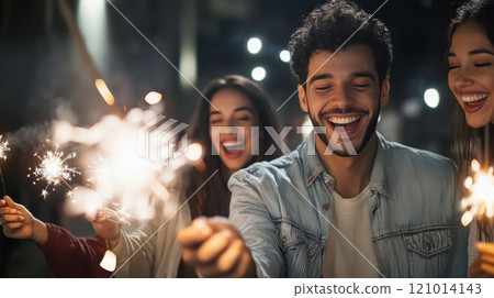 People holding sparklers celebrating outdoors at night, joy and happiness People holding sparklers celebrating outdoors at night, joy and happiness 121014143