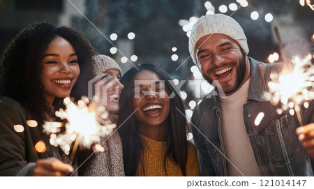People holding sparklers celebrating outdoors at night, joy and happiness 121014147