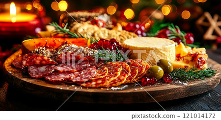 Festive charcuterie board with assorted cheeses and meats on rustic table, background 121014172