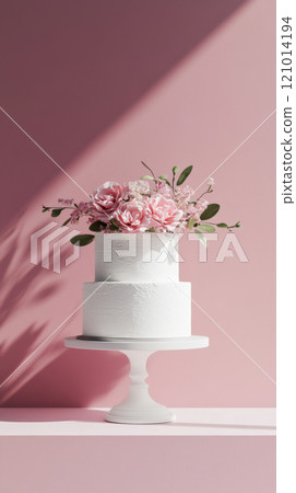 Wedding cake with beautiful flowers on solid pastel color background, copy space 121014194