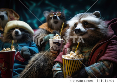 Raccoons watching movie in colorful outfits holding popcorn, fun concept 121014205