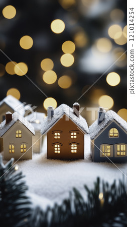 Snowy festive village with Christmas lights and decorated Tree. High quality illustration 121014254
