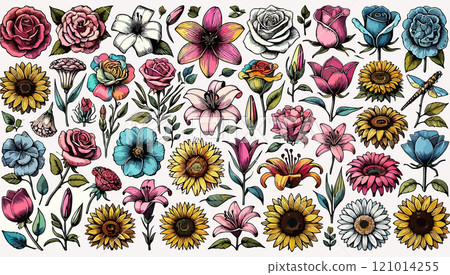 Vector collection of colorful floral illustrations, creative flower designs for modern decoration, trendy nature artwork and vibrant patterns Vector collection of colorful floral illustrations, creative flower designs for modern decoration, trendy nature artwork and vibrant patterns 121014255