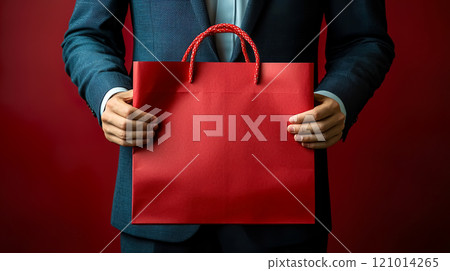 Close-up of a man in a suit holding a red paper bag 121014265