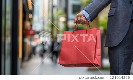 Close-up of a man in a suit holding a red paper bag 121014266