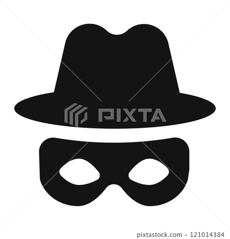 Incognito mask, villain or robber hide face element, black silhouette mystery costume with hat icon. Superhero or carnival bandit burgar  121014384