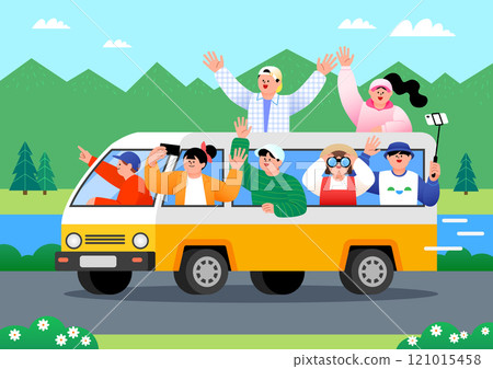 People taking a bus trip into nature People taking a bus trip into nature 121015458