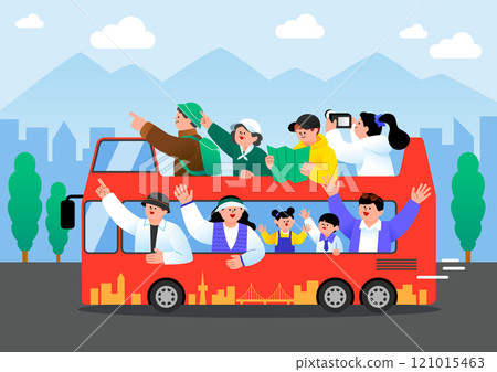 People enjoying a city tour on a double-decker bus 121015463