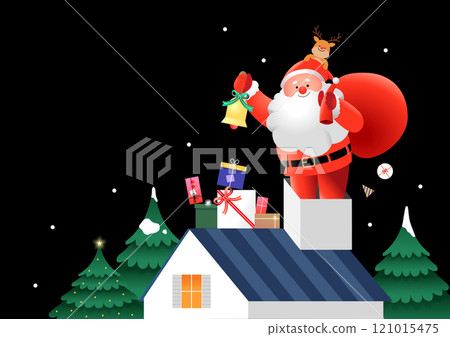 Santa Claus entering the chimney carrying gifts 121015475
